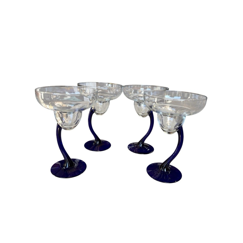 VTG Libby Bravura Margarita Glasses (4) Curved Cobalt Blue Stems